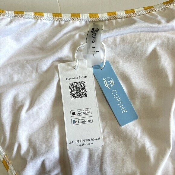 CUPSHE Swim Bottoms Size L Yellow and White Striped High Waisted Textured - Picture 10 of 14